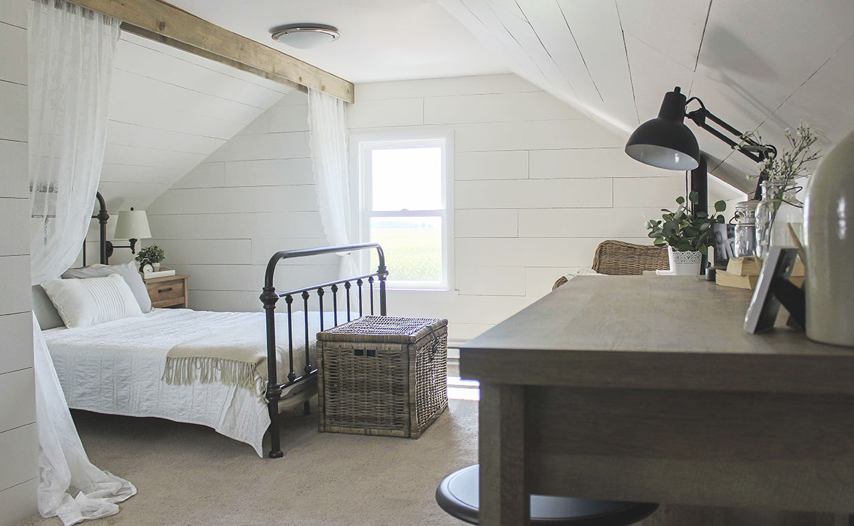 ModernFarmhouseBedroom.jpg Modern Farmhouse bedroom with faux exposed beam