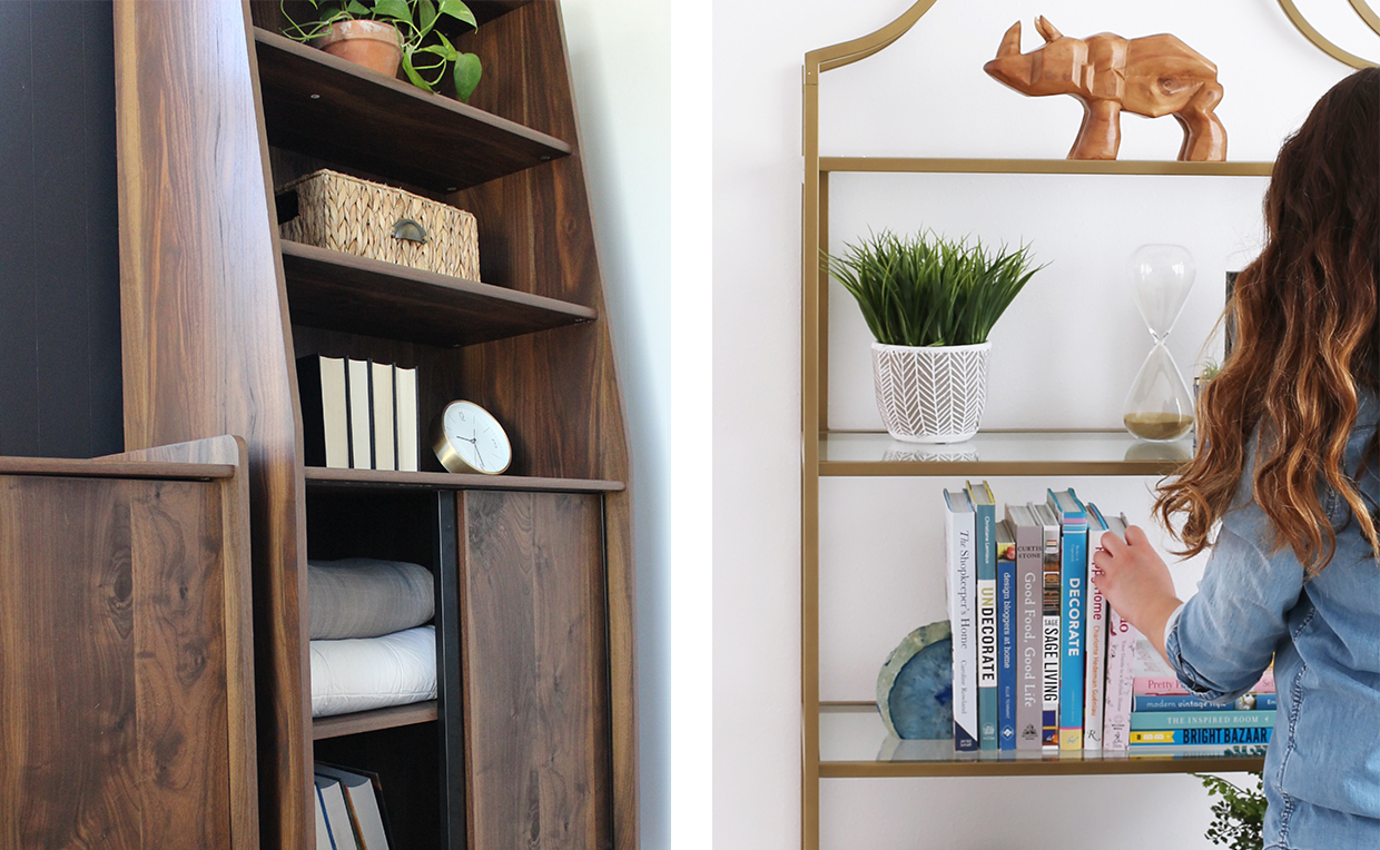 Midcentury Modern bookcase with doors, gold metal tower bookcase