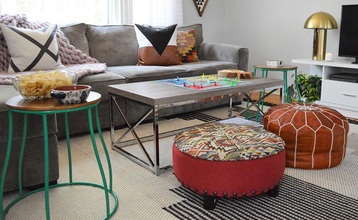 Living room seating, ottoman, stool, side table, game night, board game