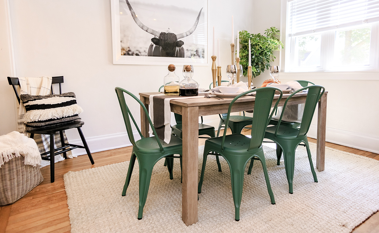 Dining chair, dining room, green chair, black chair, metal chair, dining table, wood table