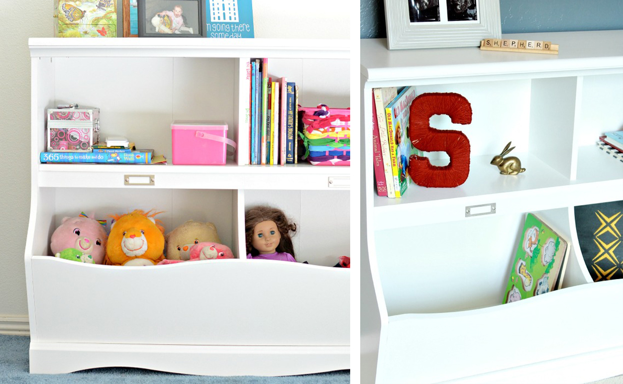 toy storage in bookcase with cubby