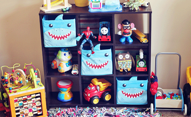 DoubleTake_toybox_bookcase.png cube bookcase used as toy storage with bins