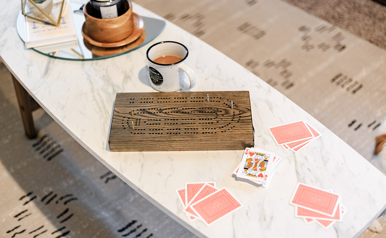 Coffee table, relaxing, living room furniture, cozy, board game, card game, cribbage