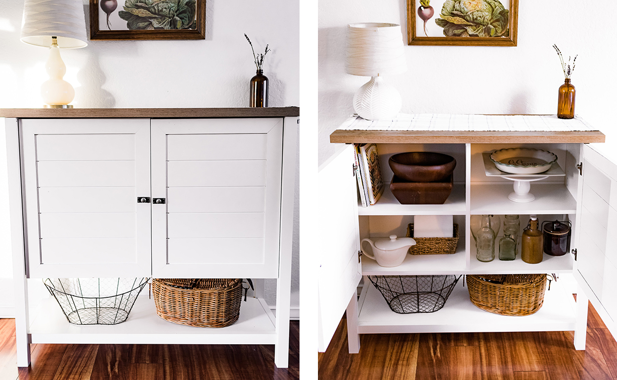 Cottage-style storage cabinet with shelves in dining room