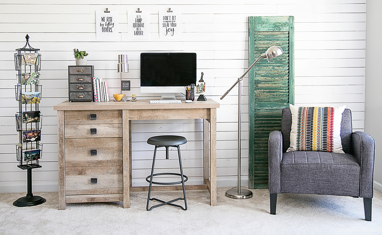 ModernFarmhouseOfficePlankWalls.jpg Modern Farmhouse office with vintage elements.