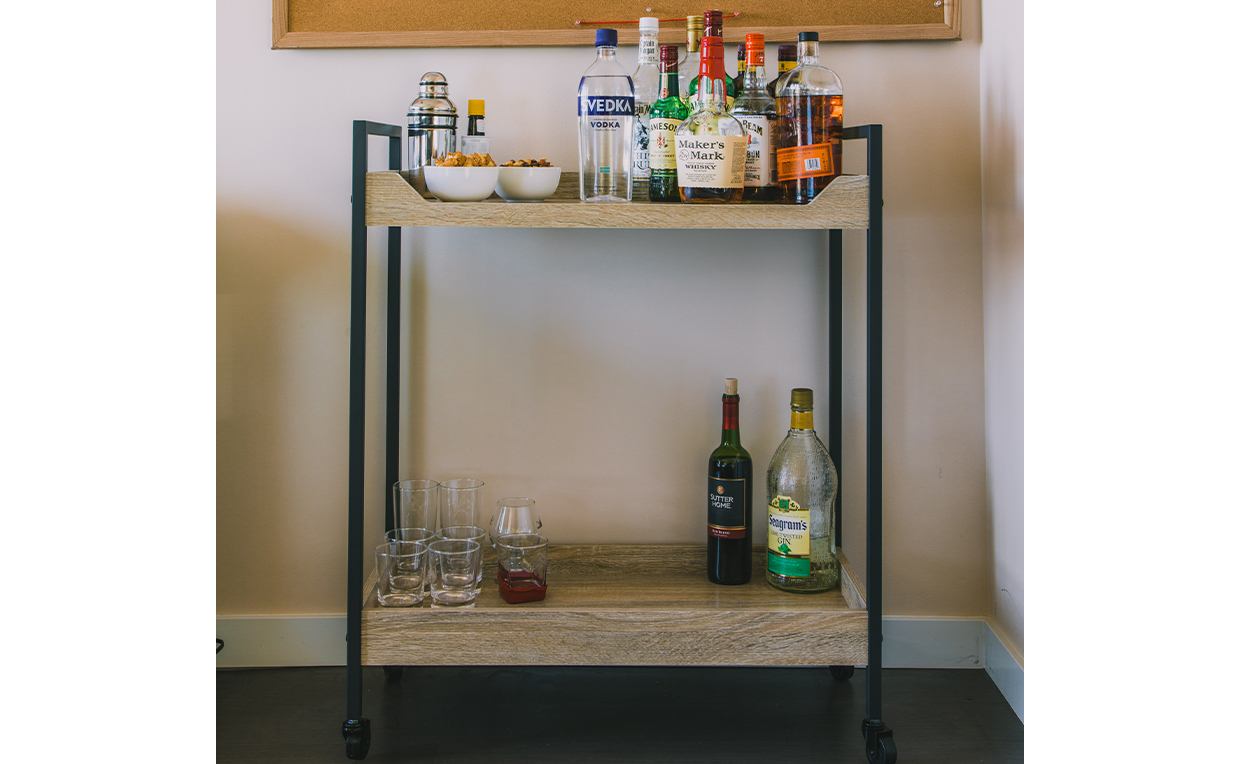 Bar cart, bar ware, living room, entertaining, party