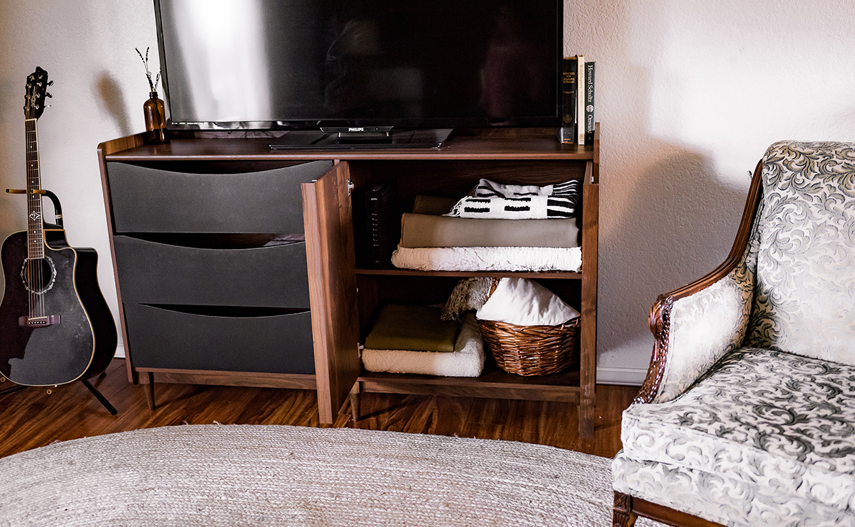 Midcentury Modern storage credenza in open-concept living room