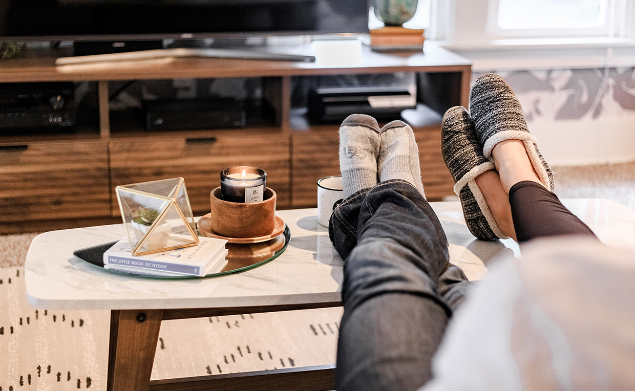 Relaxing with feet up, coffee table