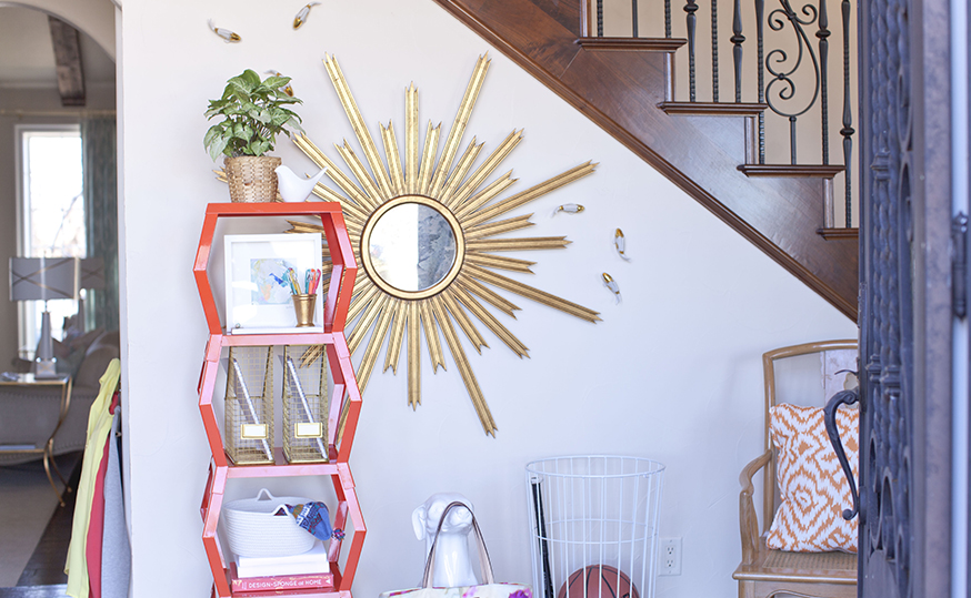 Colorful dorm room storage and shelving