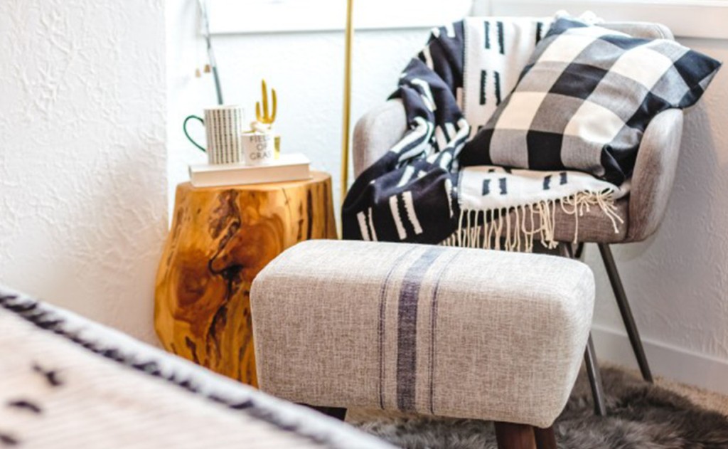 Soft Modern Occasional Chair with New Grange Stool reading corner