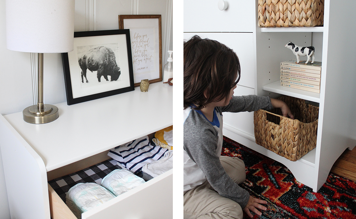 White dresser with cubby, kids’ bedroom storage