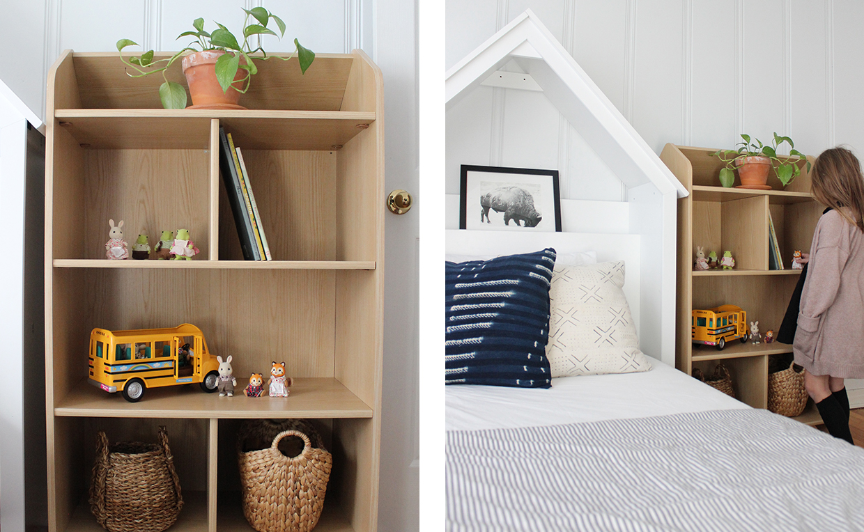 Dollhouse bookcase storage, white twin headboard, kids’ bedroom