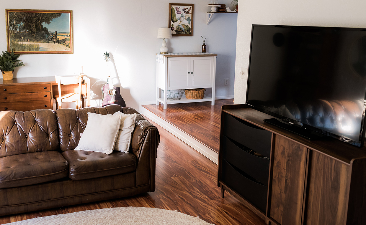 Midcentury Modern storage credenza in open-concept living room