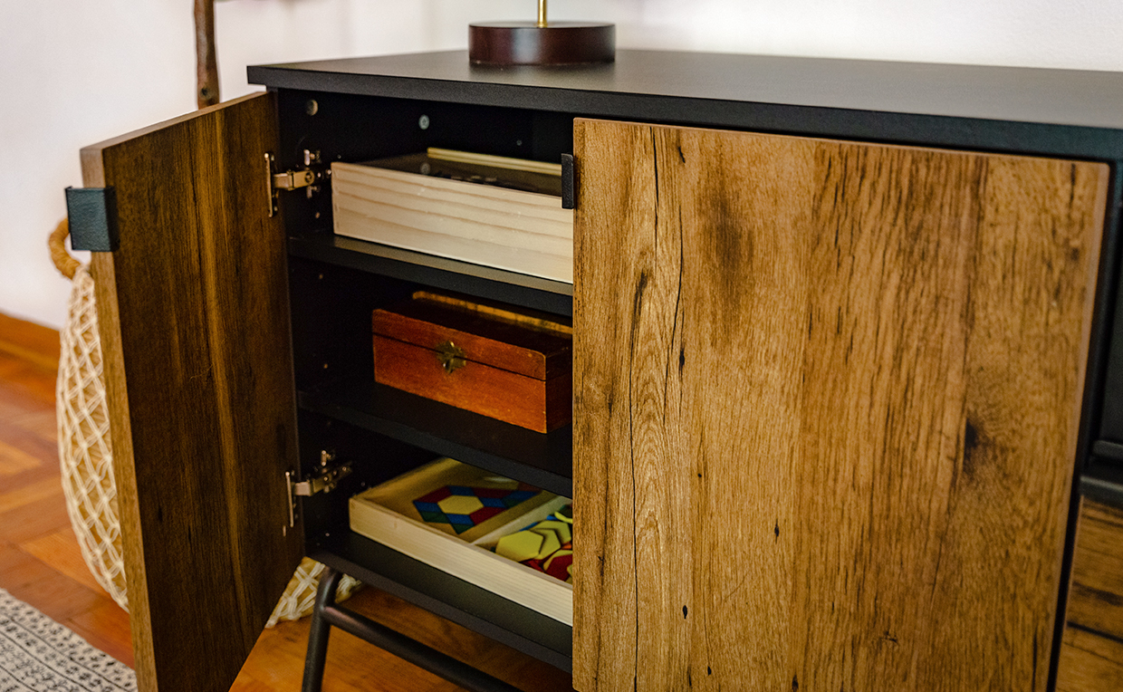 Adjustable shelves, entertainment stand in Vintage Oak finish