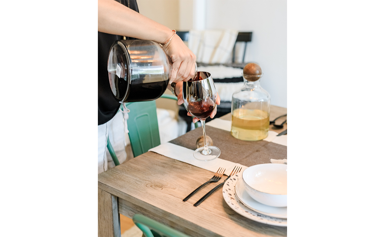 Blog1_1240x764_12.jpg Wine glass, green chair, dining chair, wood table, tableware, dinner party