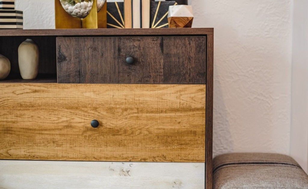 Spiced Mahogany mixed woodgrain finishes of Eden Rue Credenza