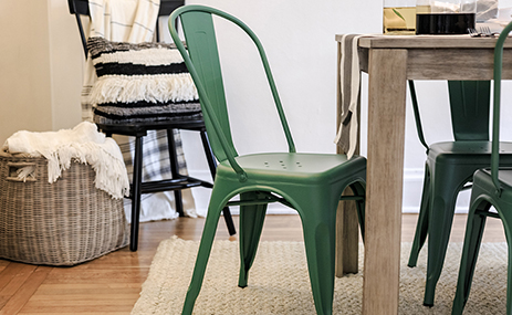 Dining chairs, metal chair, dinner table, green chair, black chair, wood table