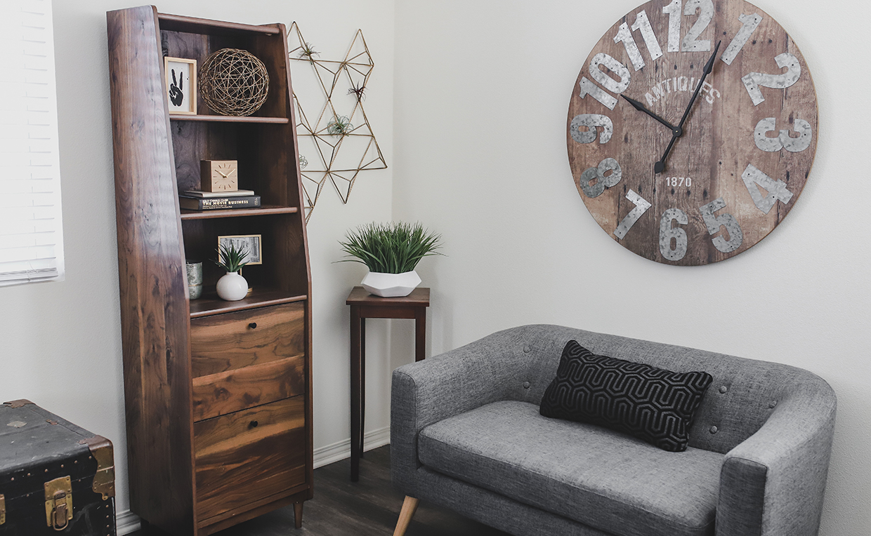 Midcentury Modern bookcase with drawers, home office file storage