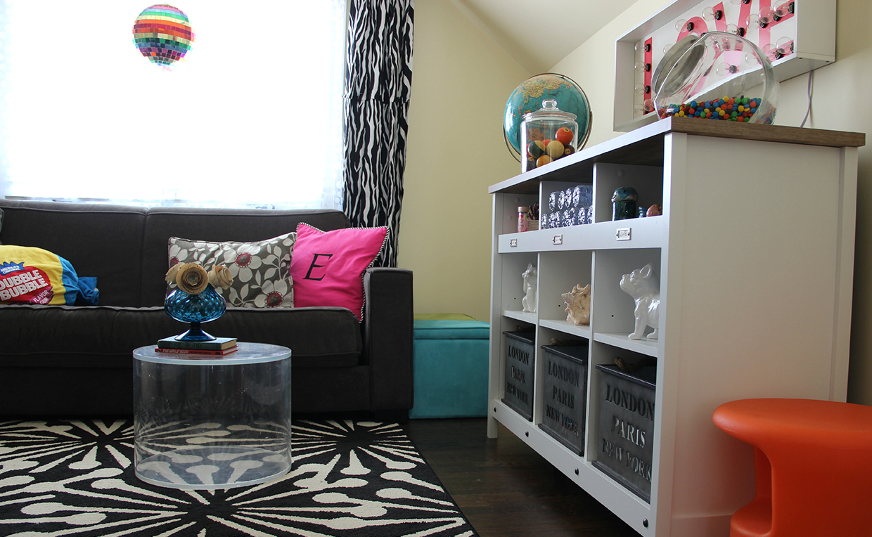 storage credenza against living room wall