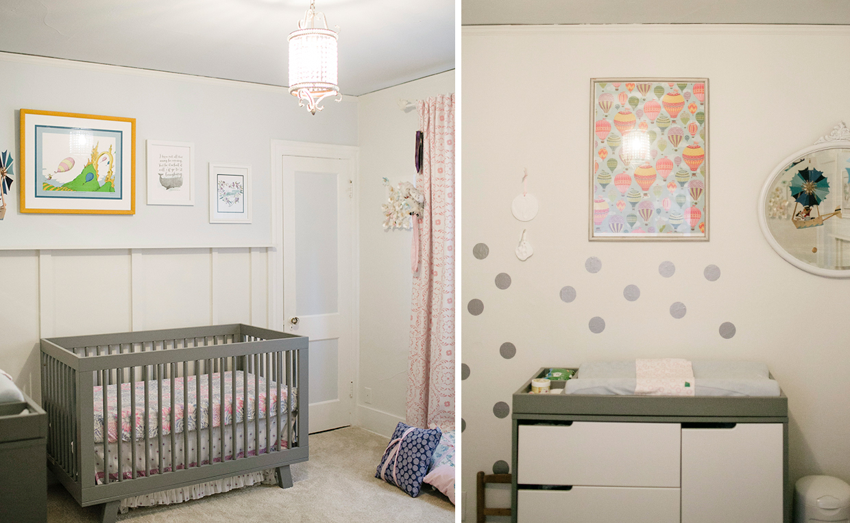 Blue ceiling in a baby’s room with grey furniture