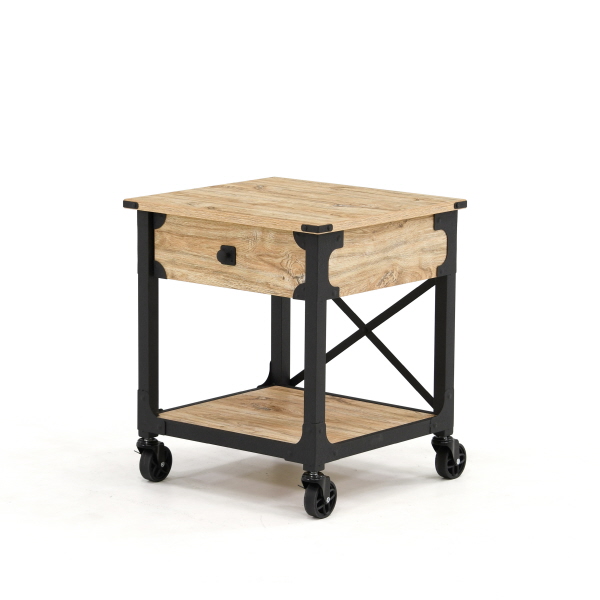 Steel River Metal Wood Side Table, Industrial Wagon Style Small Rustic End Table With Storage Shelf And Wheels