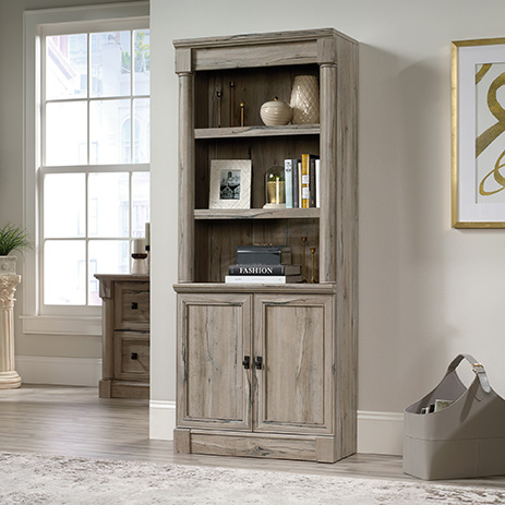 Palladia 3 Shelf Bookcase With Doors, Sauder Edge Water Library Wall Bookcase In Antiqued Paints