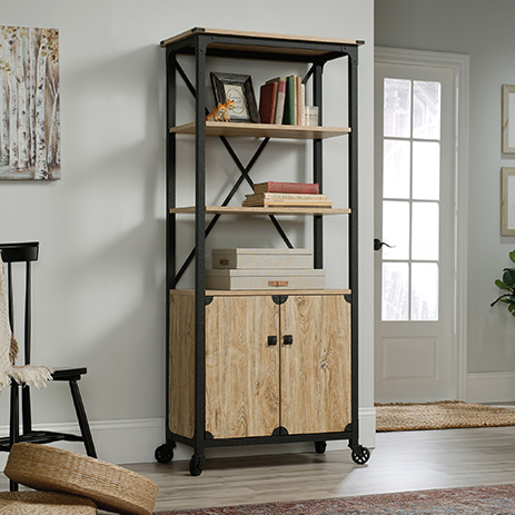 Steel River Bookcase With Doors Milled, Industrial Steel Wood Bookcase