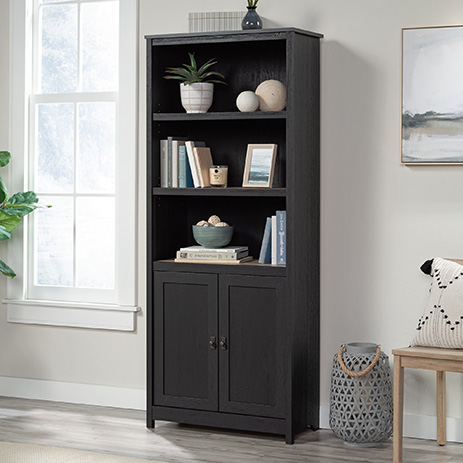 Library Bookcase With Doors Raven Oak, Sauder Cottage Road Collection 3 Shelf Bookcase