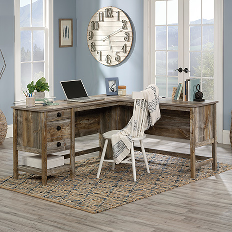 Granite Trace L-Shaped Home Office Desk Rustic Cedar (433949) – Sauder