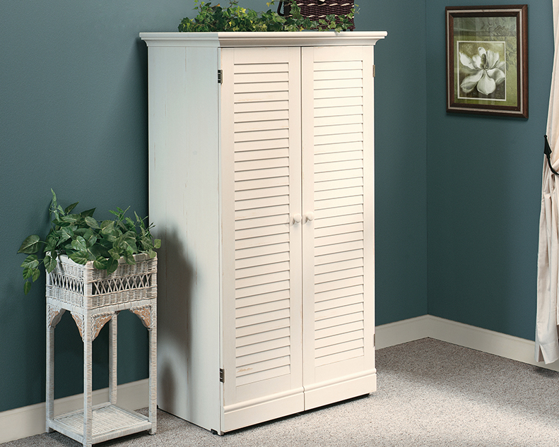 Sauder Harbor View Craft Armoire, Double Door, Antiqued White Finish