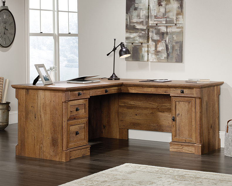 Sauder Select Bourbon Oak L-Shaped Desk with Drawers 427975