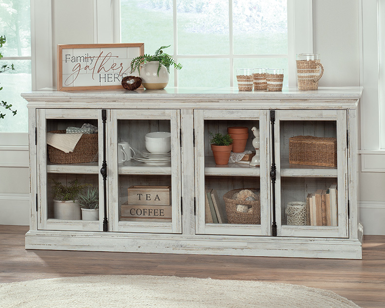 Barrister Lane TV Credenza with Doors White Plank 433954 Sauder
