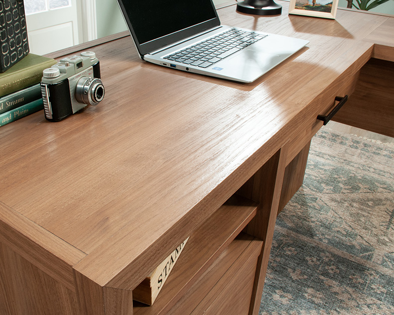 Pacific View L-Shaped Desk with Drawer Saddle Walnut (447303) – Sauder
